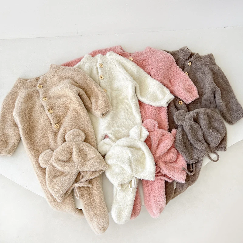 Newborn Baby Boy Girl Jumpsuit Kids Bear Hooded Romper Bodysuit Clothes Outfits Mink Fleece Long Sleeve Toddler One Piece Outfit