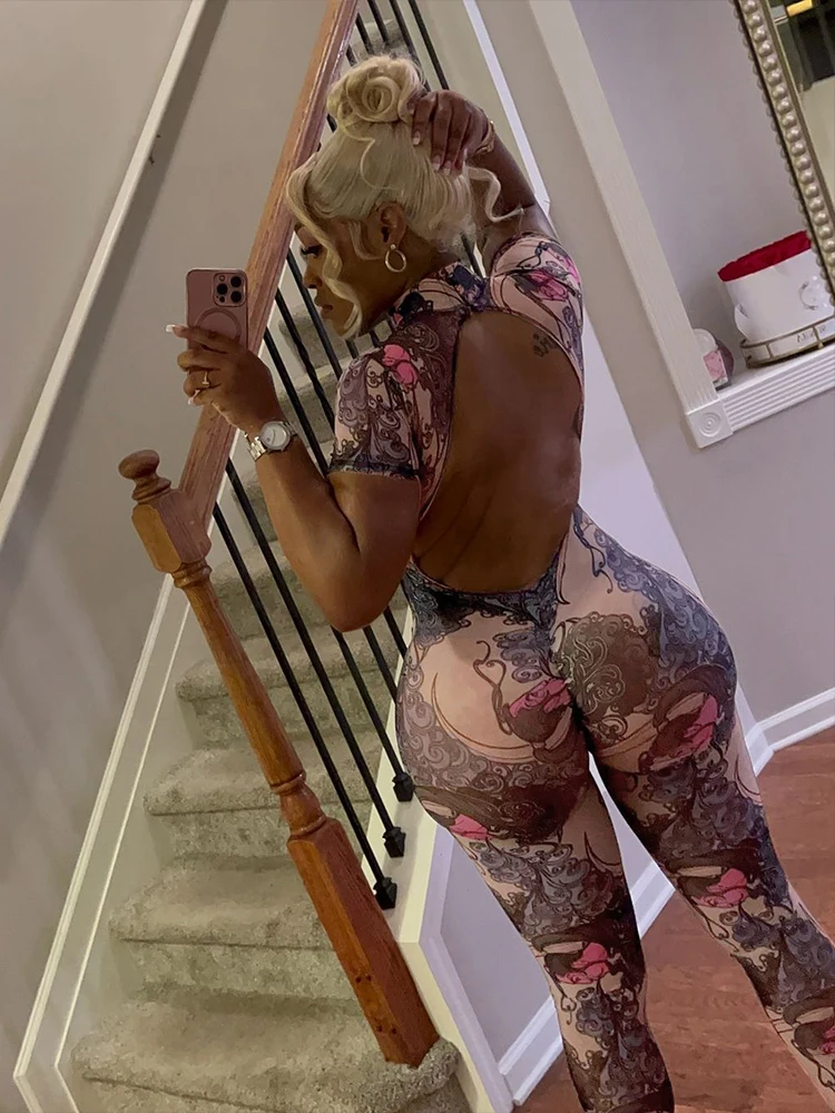 Nibber Colorful Print Jumpsuit Women Mesh  See Through Coquette Summer Backless Peach Buttocks Tight Activity Clubwear Overalls