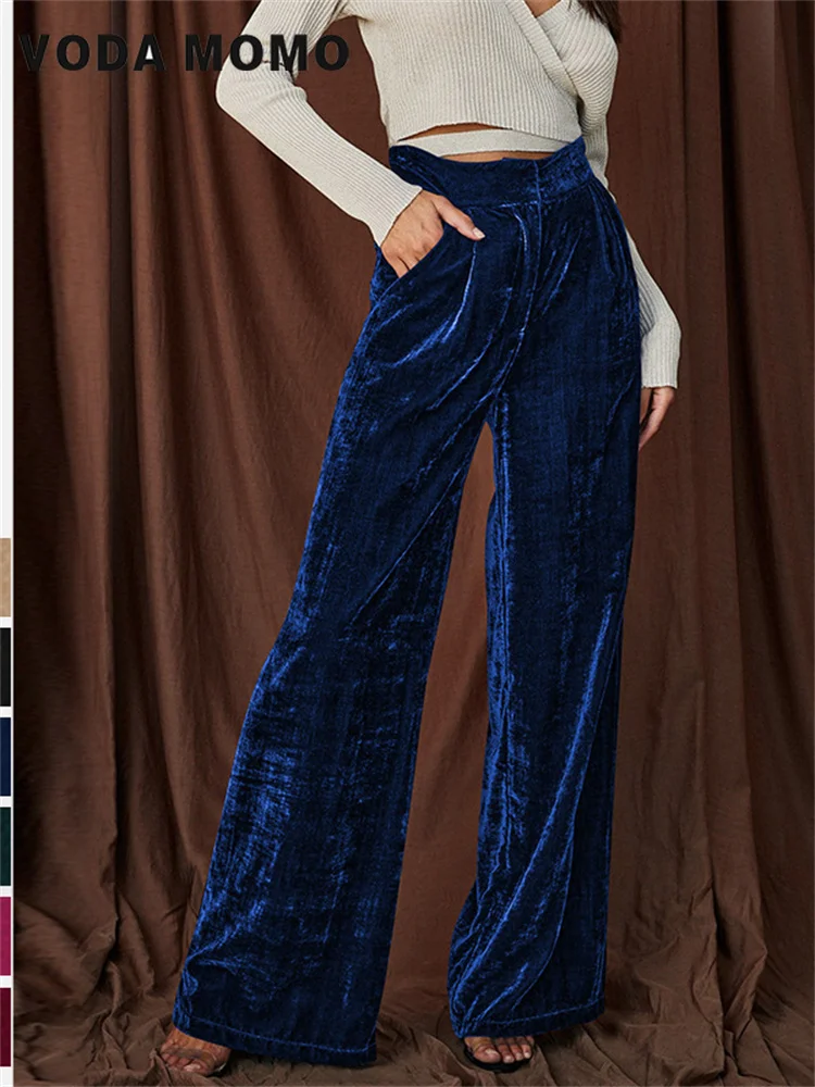 

Women Wide Leg Velour Flare Pants Female Trousers Party Club Pants For Women Streetwear Spring Autumn High Waist Velvet Pants