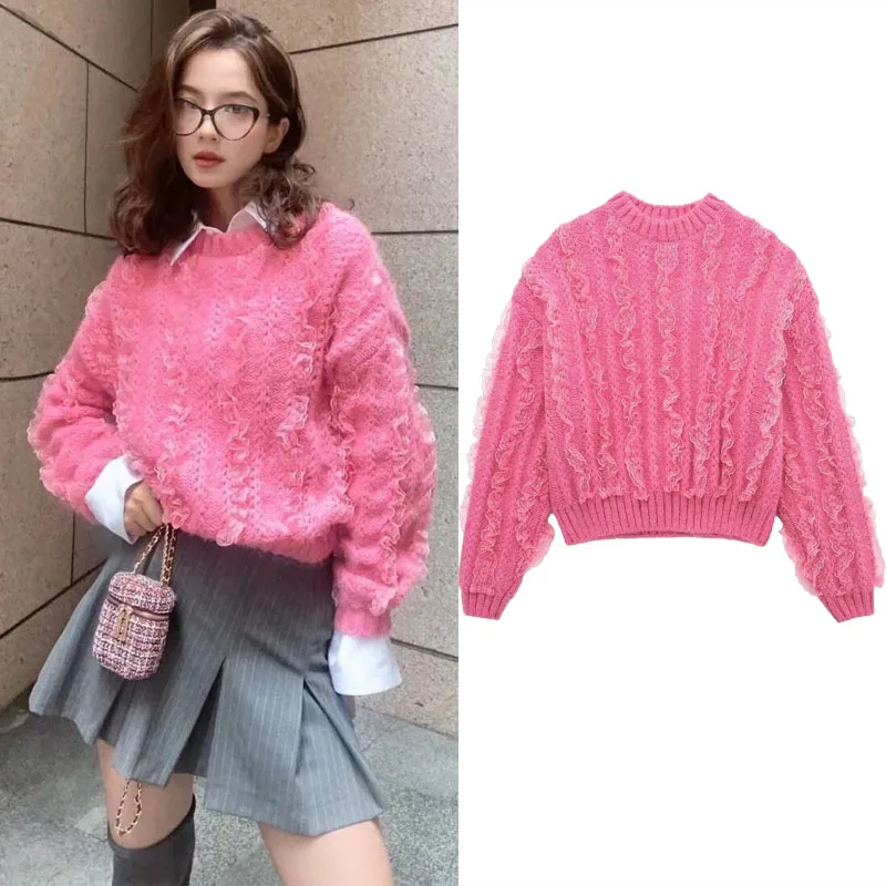 

2024 TRAF Women Pink Sweet Ruffles Sweater Fashion O-neck Lace Short Knit Pullover Female Elegant Long Sleeve Loose Knitted Tops