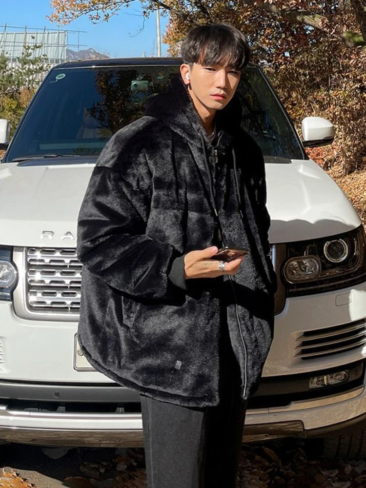 Lamb Cashmere Cotton Jacket Men's Winter Korean Version Loose Trend Plush Thick Hooded Jacket Cotton Jacket