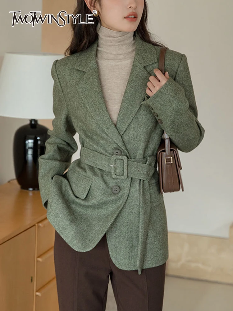 

TWOTWINSTYLE Solid Patchwork Belt Blazer For Women Notched Collar Long Sleeve Spliced Buttons Slimming Blazers Female Fashion