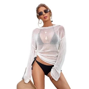 Women's Bikini Cover-Ups Beach Solid Color Overclothes Sun Protection Long Sleeves Swimsuits Outerwear Slit Cover Up Swimwear 1
