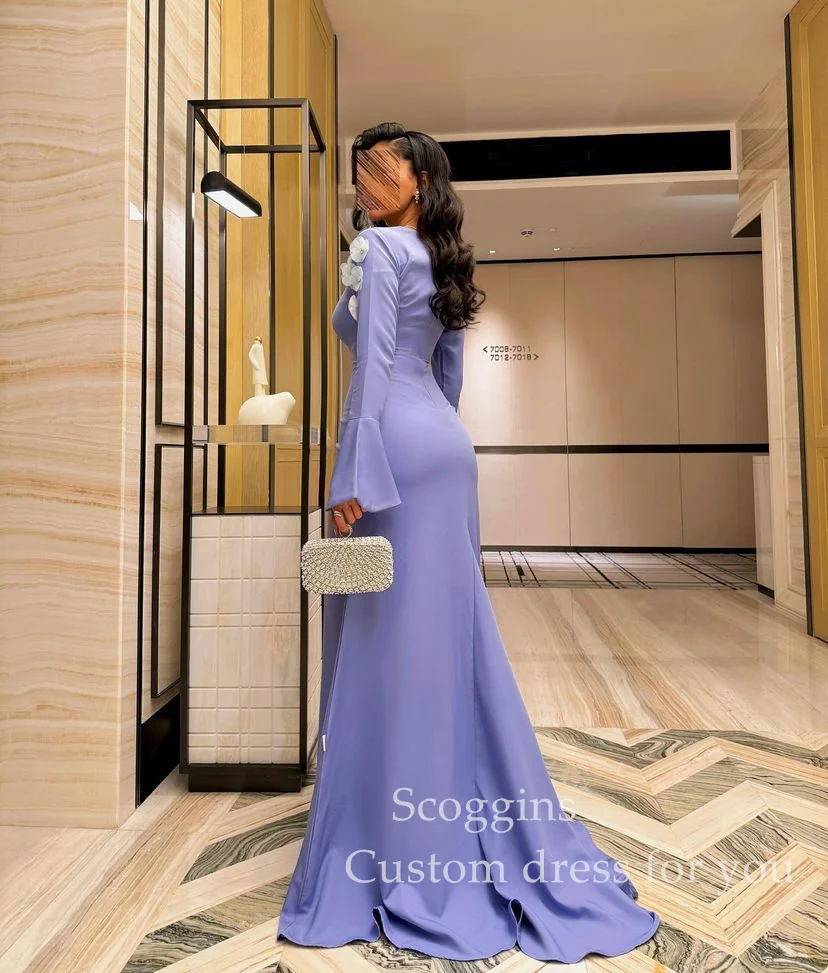 

Scoggins فساتين سهرة Square Neckline Mermaid Hand-Made Flowers Chiffon Zipper Up Long Sleeves Wedding Party Dress Prom Dress