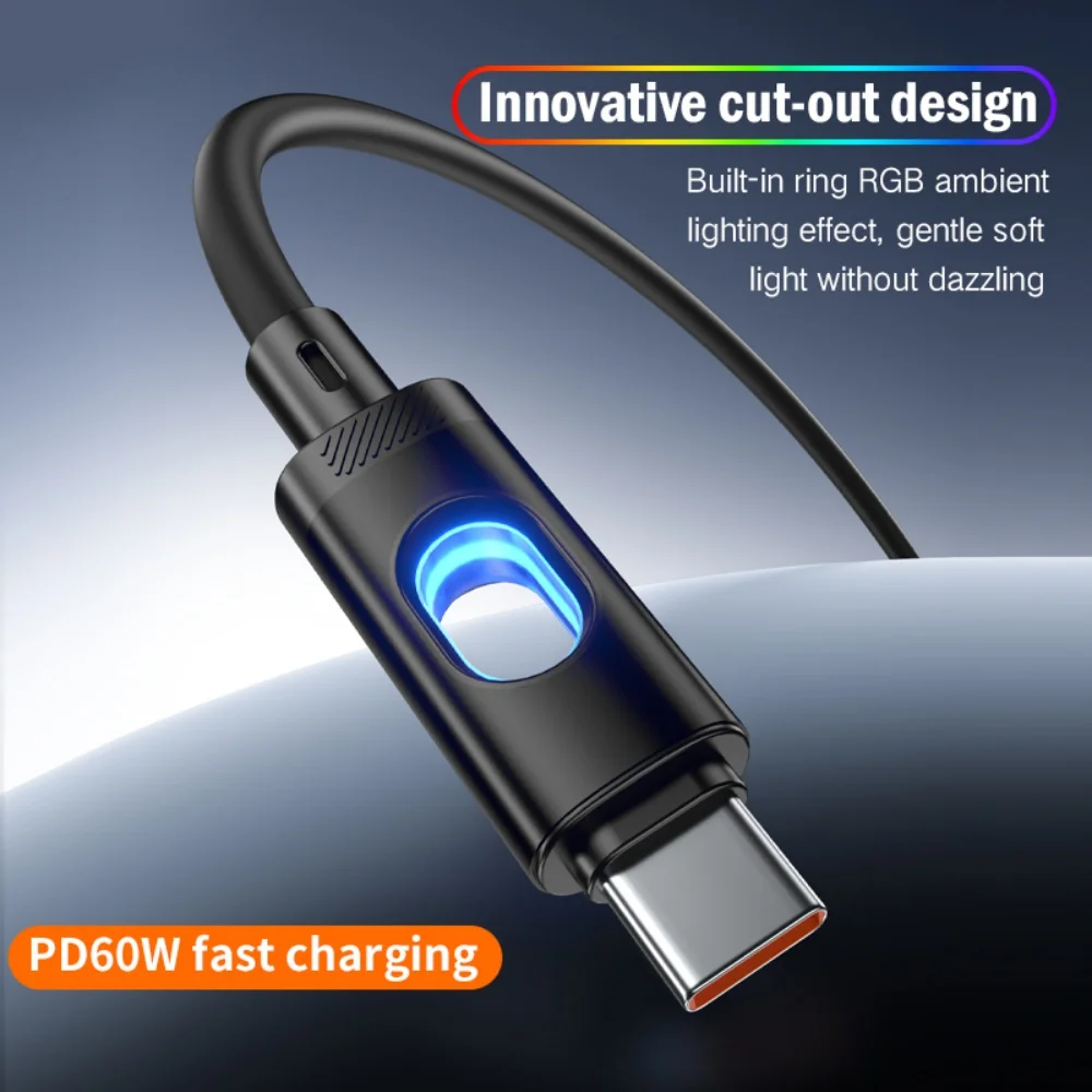 PD 60W Fast Charging Cable USB to Type C RGB Lighting Data Cord For iPhone Samsung Xiaomi Mobile Phone Accessories Charge Cables