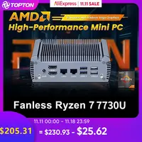 Fanless AMD Mini PC Ryzen 7 7730U 8 Core 16 Threads Gaming Computer Windows 11 2 LANs Firewall Soft Router 2*HDMI2.0 NVMe WiFi6 1