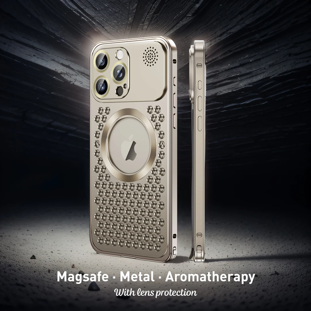 

Магнитный металлический чехол Magsafe с отверстиями для отвода тепла для iPhone 14, 15 Pro Max, 15Plus, пленка с съемными линзами для ароматерапии