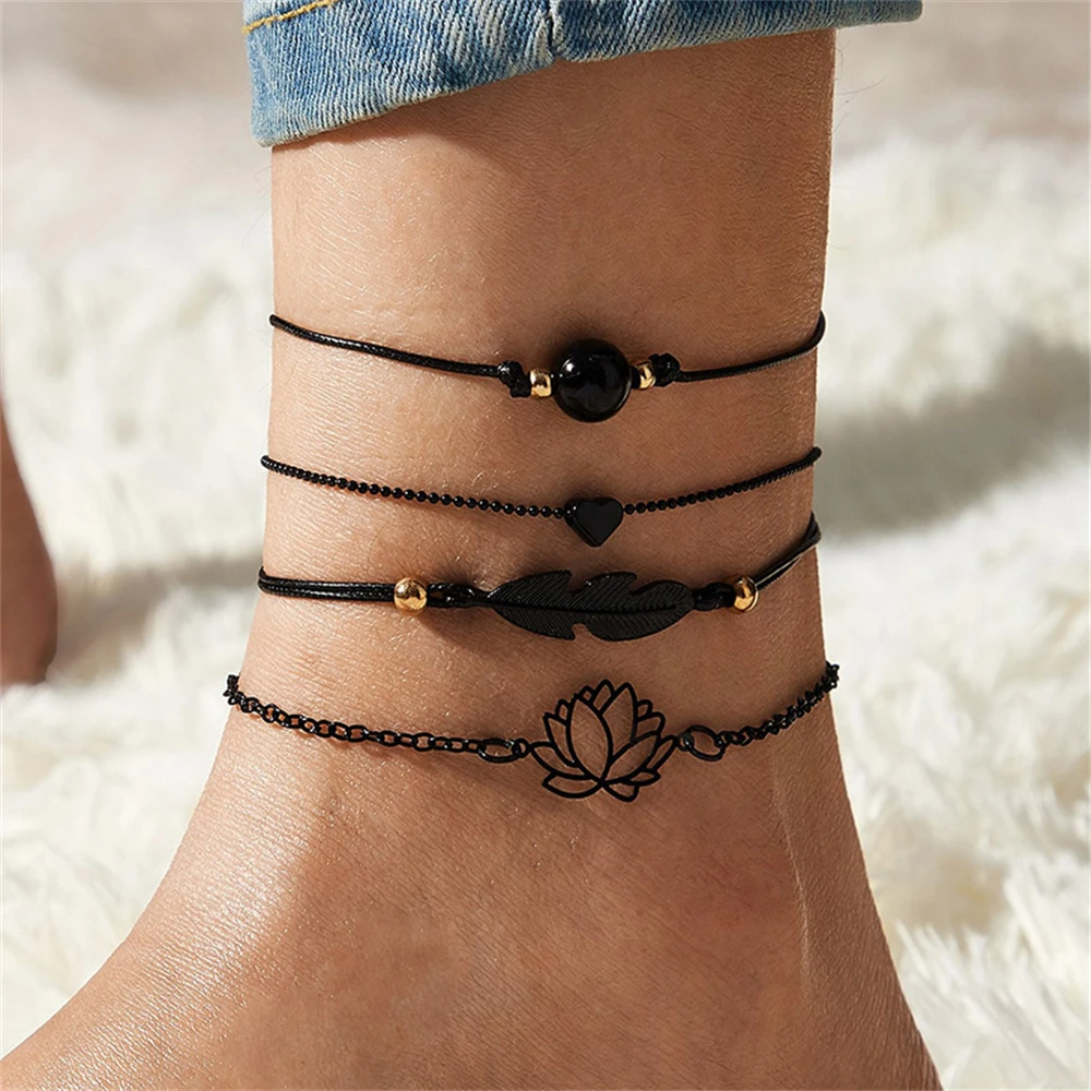 Fashion Black Multi-layer Anklet Heart Leaf Lotus Anklet Beaded Chain Summer Beach Foot Accessories For Women Jewelry Gift