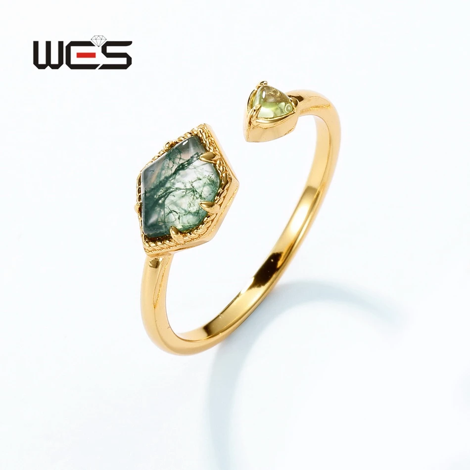 WES 925 Sterling Silver Natural 5*7mm Moss Agate Adjustable Rings for Women Geometirc Gold Plated Wholesale Trendy Gifts Jewelry