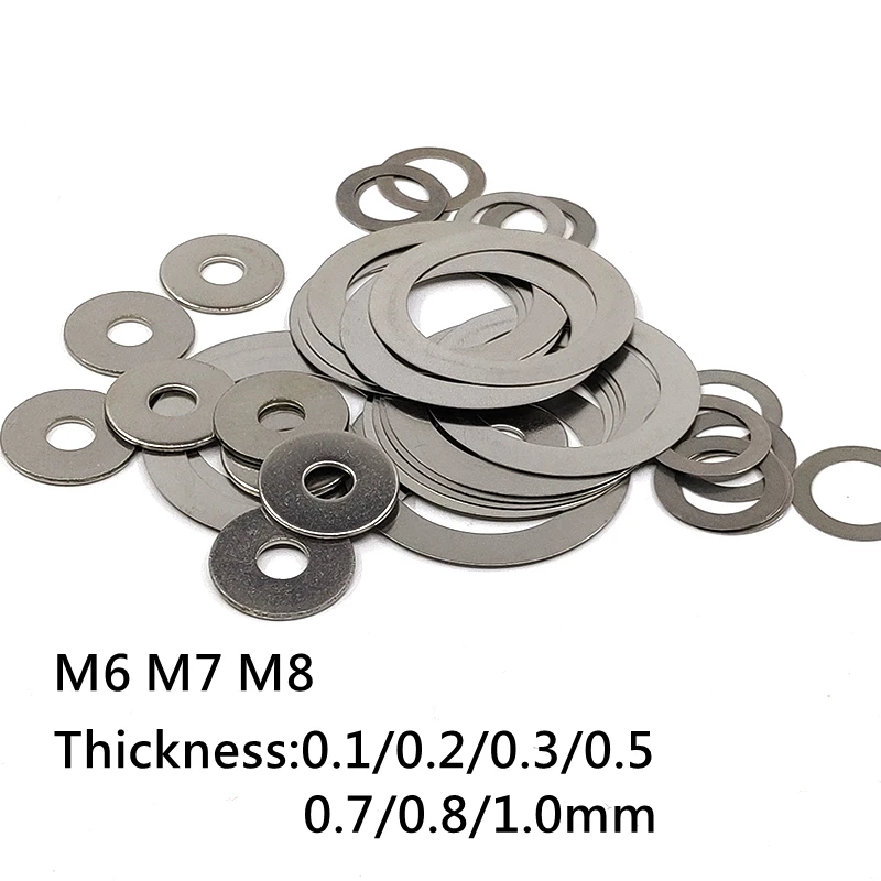 

50pcs M6 M7 M8 DIN988 304 Stainless Steel Ultra Thin Flat Washer Ultrathin Adjusting Gasket Shim Thickness 0.1 0.2 0.3 0.5-1.0m