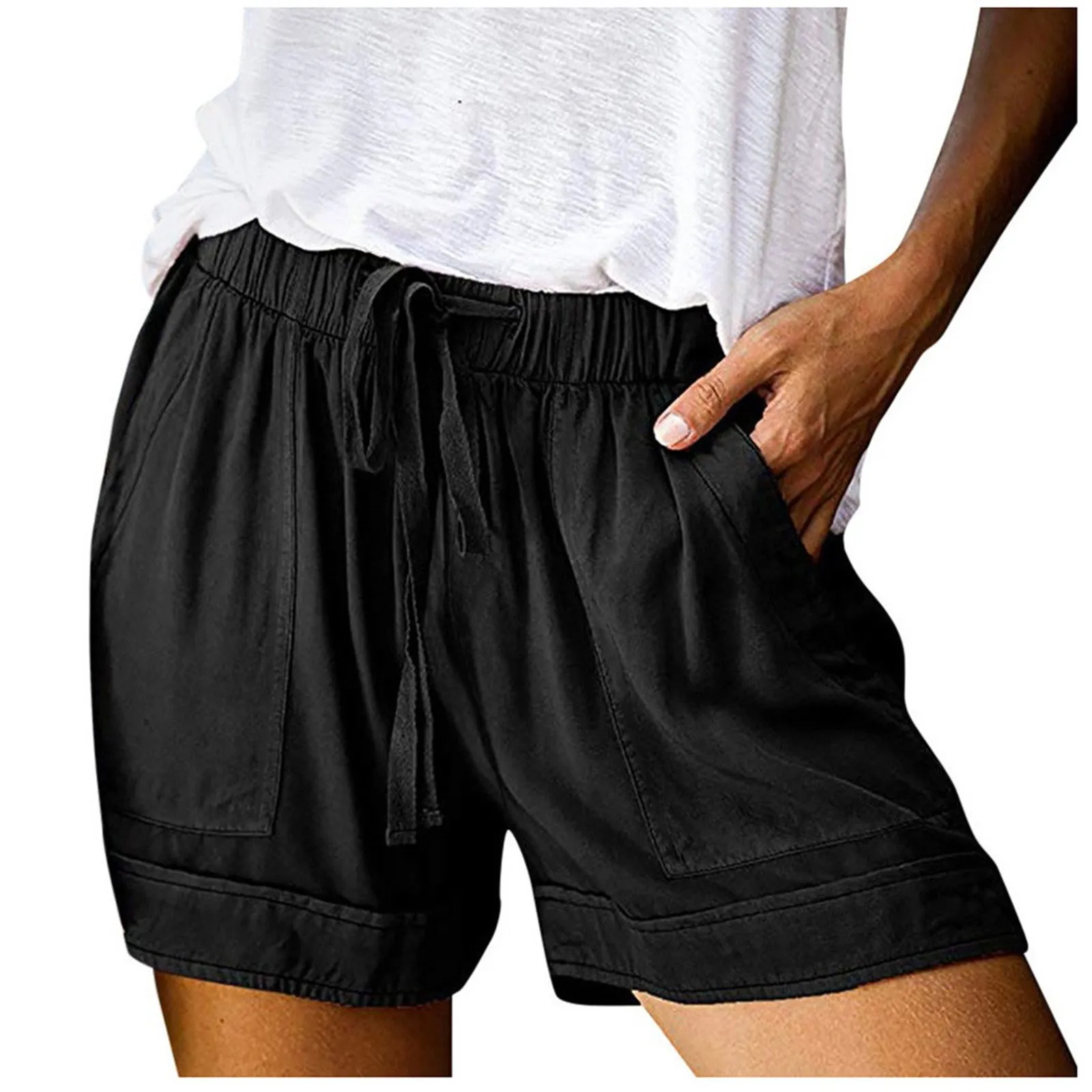 

Womens Comfy Drawstring Shorts Solid Color Splice Casual Shorts Elastic Waist Pocketed Loose Shorts 2023
