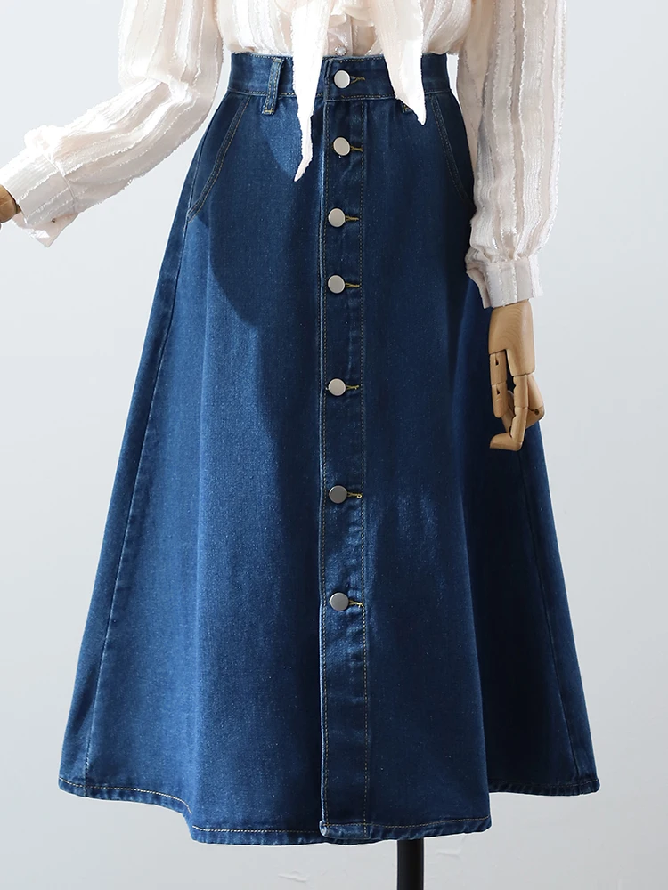 

Denim Large Swing Umbrella Skirt New Front Breasted High Waist Hanging Feeling Hip Covering Skirt For Women Summer