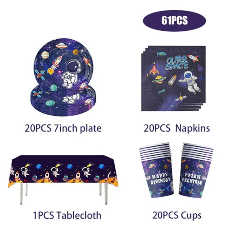 Weltraum-Astronaut Geburtstags-Dekorations-Set Tischgeschirr Tassen Teller Servietten Luftballons Geschenktüten Papa-Kreis für Kinder Jungen Party-Zubehör – Detail 10
