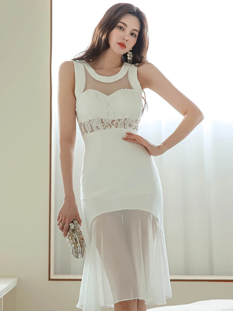 

Модные сексуальные выпускные платья, женские белые прозрачные сетчатые кружевные ажурные платья с открытой спиной и оборками в стиле Звезд, женское платье-русалка, Клубные платья