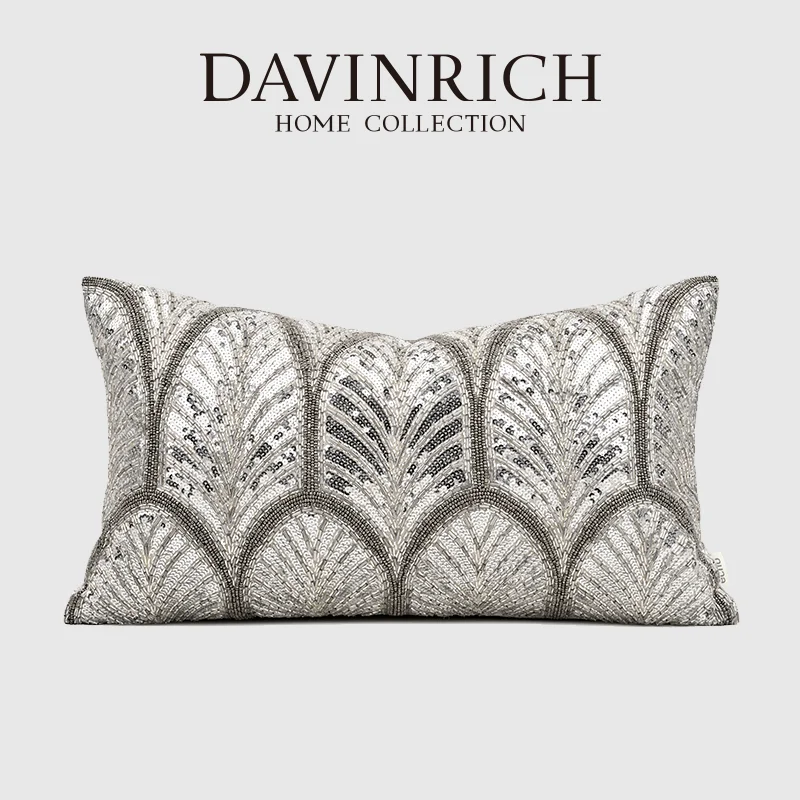 

DAVINRICH Silver Hand-Nailed Beaded Sequins Decorative Cushion Cover Heavy Industry Lumbar Pillowcase 30x50cm Italian Home Decor