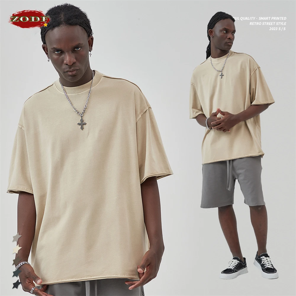 ZODF 2023 Men Loose Edge Washed Cotton T Shirts Retro Unisex