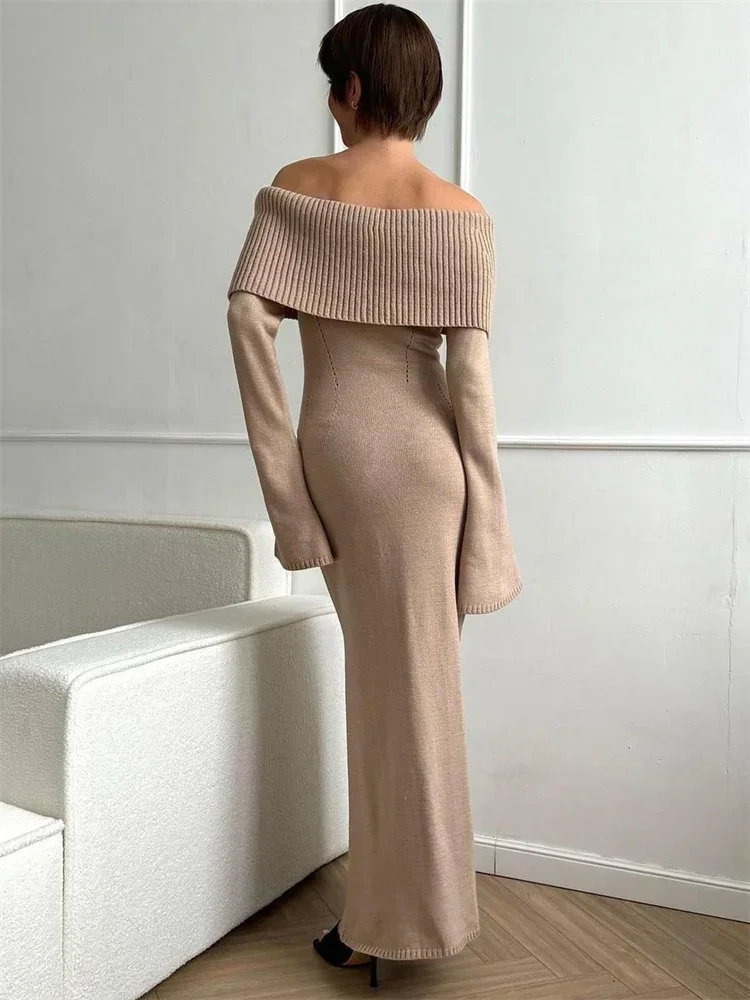 White Autumn Knit Sweater Long Dress Women Ribbed High Waist Fashion Off-Shoulder Loose Party Dress Female Knitwear Dress