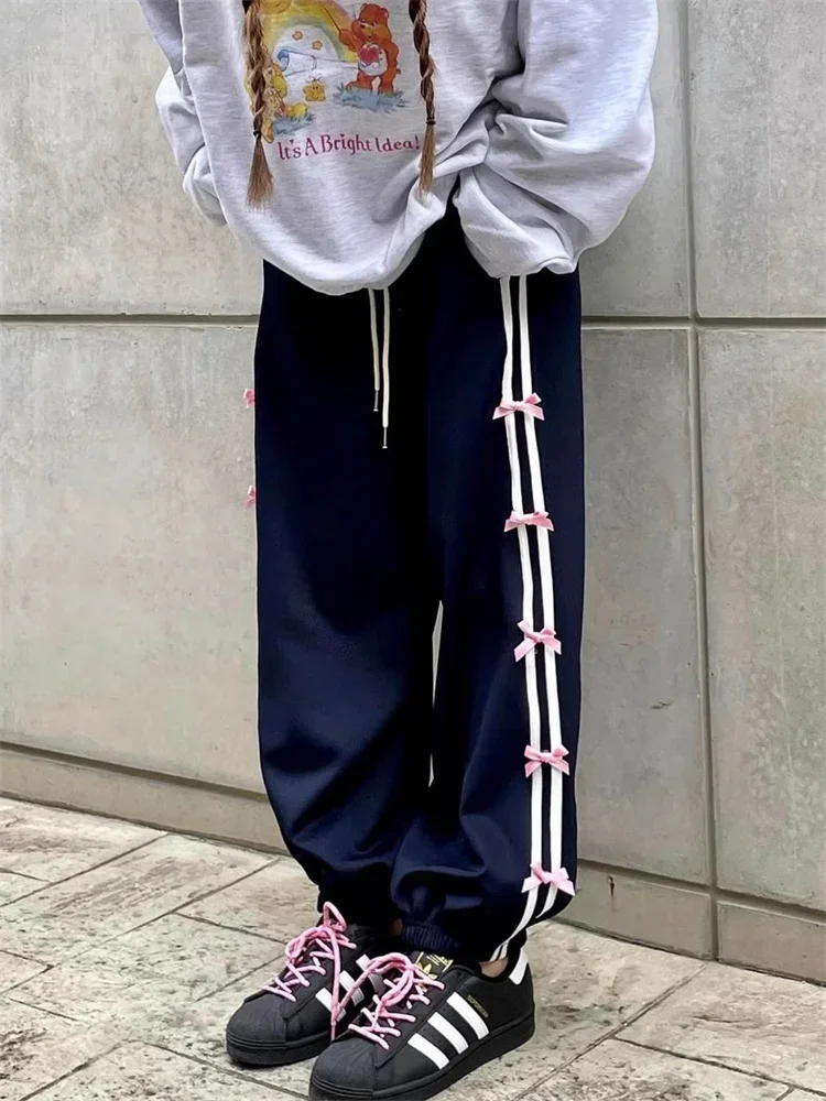 QWEEK Y2K Blue Sweatpants With Bow Women Korean Fashion Fairycore Jogger Pants Oversized Harajuku Girly Kpop Sports Trousers