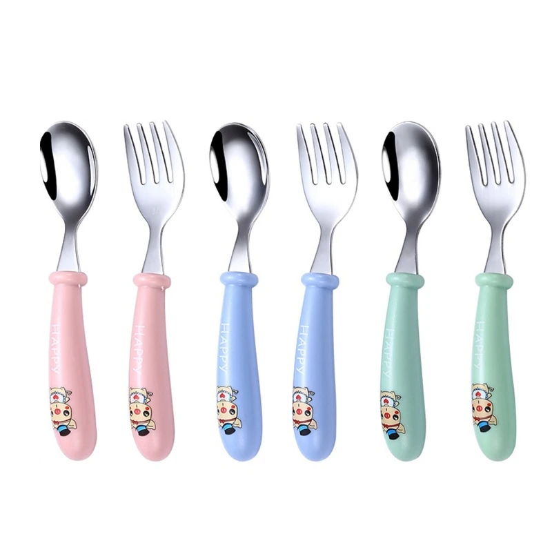 2 Pcs Baby Stainless Steel Spoon Fork Set Infant Feeding Cartoon Cutlery Utensils Toddler Children Tableware A2UB
