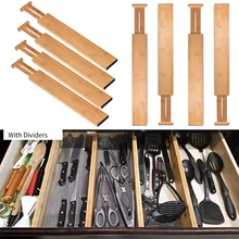 Separadores de cajones de cocina de 4 piezas, organizadores de bambú ajustables con resorte de almacenamiento para cocina, 12,79-16,73 pulgadas