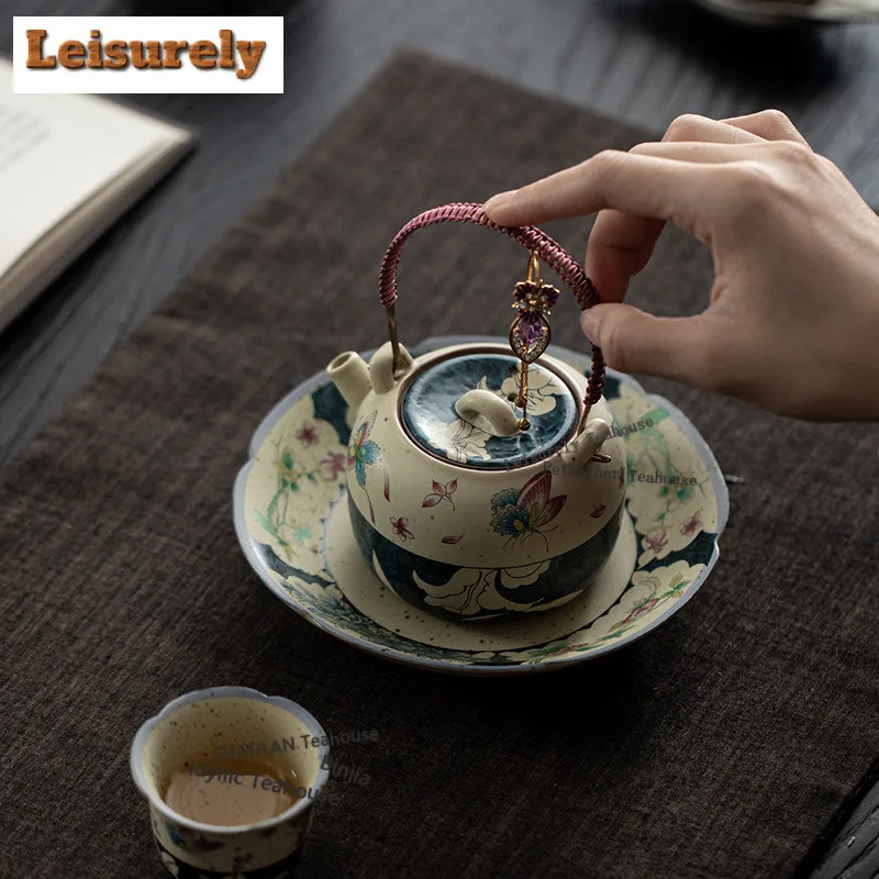 220ML Hand Painted Butterfly Lily Caramel Lifting Handle Teapot Zen Tea Infuser Pot Tea Soaking Kettle With Ball Hole Drinkware