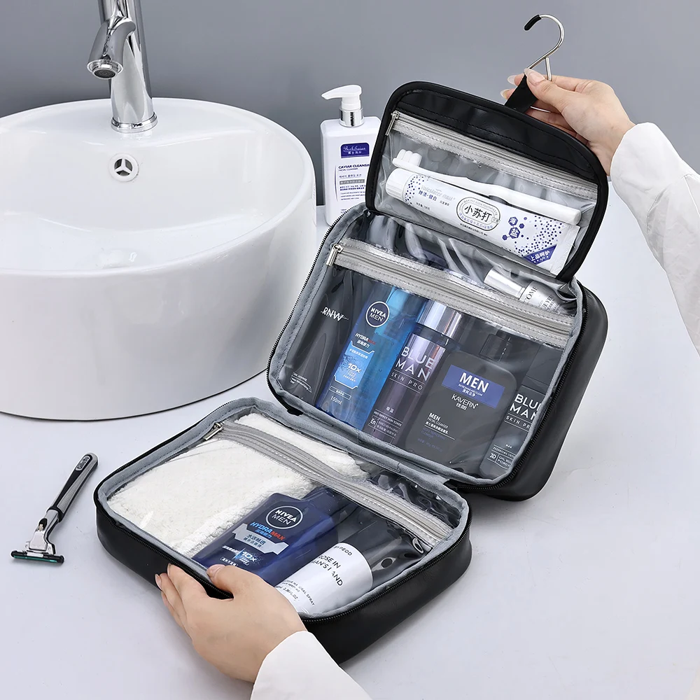 Zipper PU Leather Men Business Portable Storage Bag Toiletries Organizer Women Travel Cosmetic Bag Hanging Waterproof Wash Pouch 4