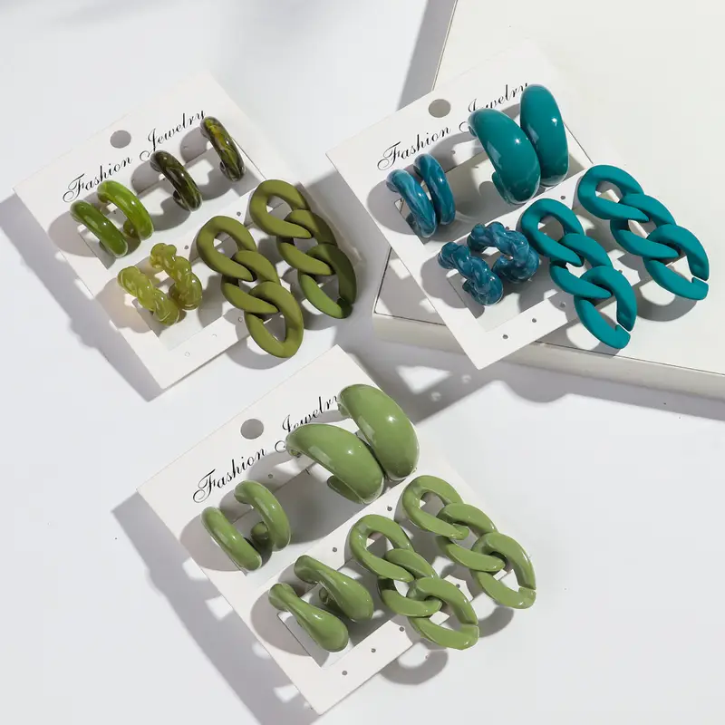 New 8pcs Colorful Circle Acrylic Hoop Earring for Women Korean Fashion Geometric Chain Drop Earrings Vintage Jewelry Sets Gifts - Image 5