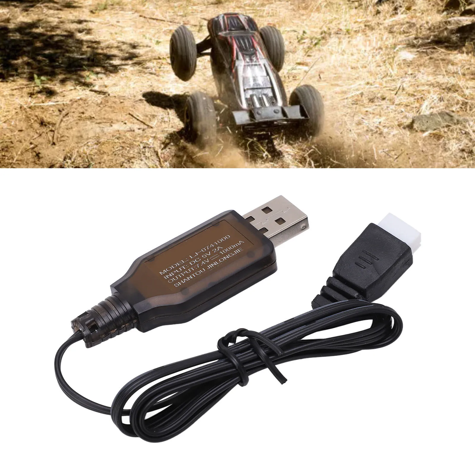 Chargeur de batterie Lipo 7.4V 1000mA avec câble USB pour voiture RC 1/16, connecté à une batterie Lipo