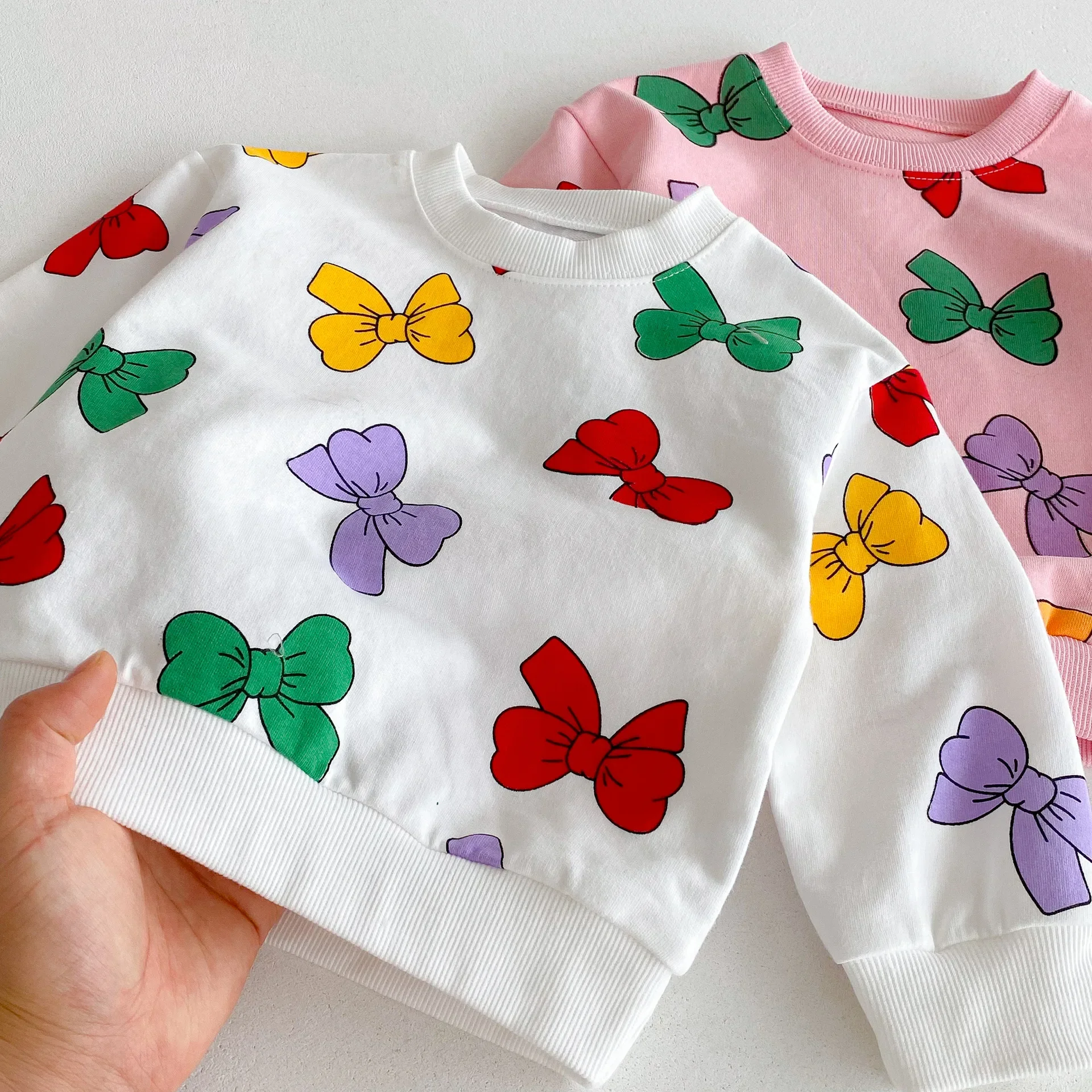 Cotton Kids Hoodie Set Colorful Bow Print Girls Clothing