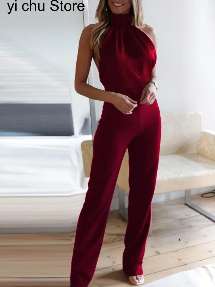 

New Women Solid Sleeveless Turtleneck Jumpsuits Summer Office Lady Pencil Pants Backless Ladies Playsuits Sexy Streetwear