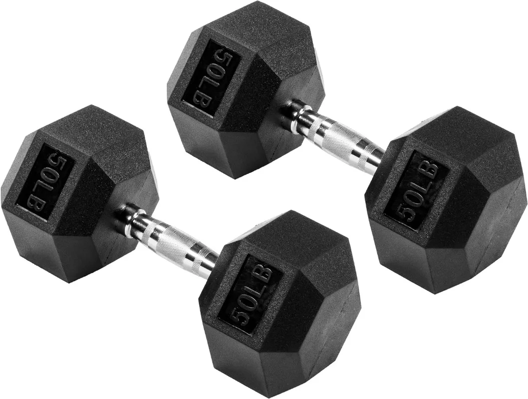 Rubber Encased Hex Dumbbell Multiple Sizes Hexagon shape rubber encased heads help prevent rolling and provide easier storage
