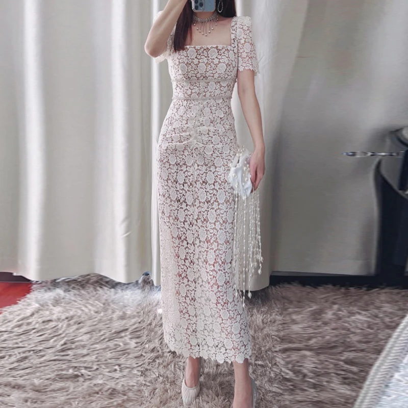 

Qian Han Zi Designer Fashion Summer Dress women High quality openwork embroidery diamond lace Elegant Sheath bodycon midi dress