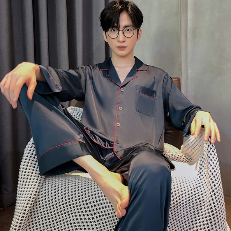 Ice Silk Sleepwear Men Long Sleeve Spring Autumn Pajamas Setds Silk Nightwear Homewear Sets Luxury Brand Clothing Korean Fashion