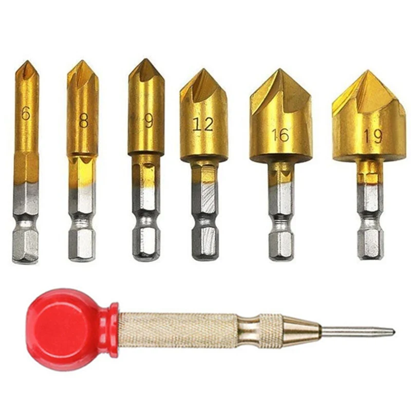 

7Pcs Counter Sink Drill Bit Set 1/4'' Hex Shank 5 Flute Countersink 90 Degree 6mm-19mm Chamfer Drill Bit Set Center Punch