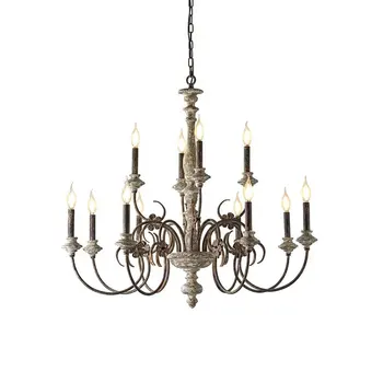Lampadario da soggiorno in legno americano Villa Hall Decorazione Lampada a sospensione Lampada a candela Scala duplex Illuminazione a goccia in ferro