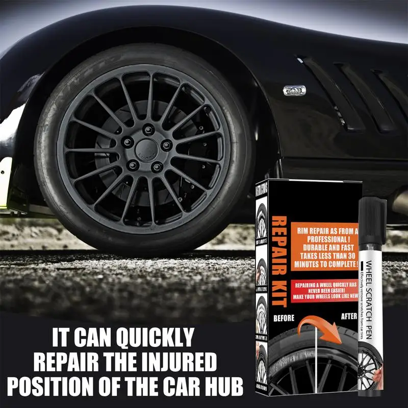 Car Wheel Scratch Repair Kit Quick Dry Automotive Black Alloy Wheel Rims Paint Fill Pen Set Scratch Coverage for Aluminum Iron