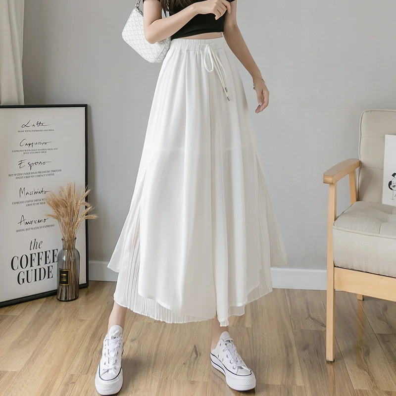

#1947 Summer Chiffon Pants Women Solid Color High Waisted Wide Leg Pleated Pants Female Loose Irregular Trousers Ankle-length
