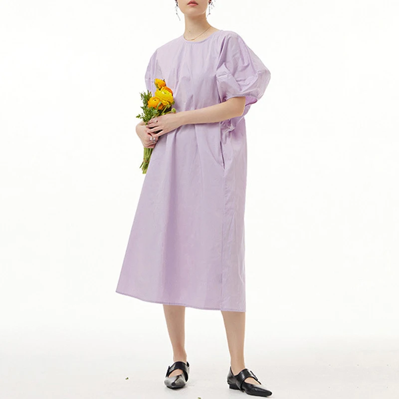 

Johnature 2023 New Solid Color O-neck Puff Sleeve Women Dresses Summer Fashion Simple Bandage Pockets Loose Dress