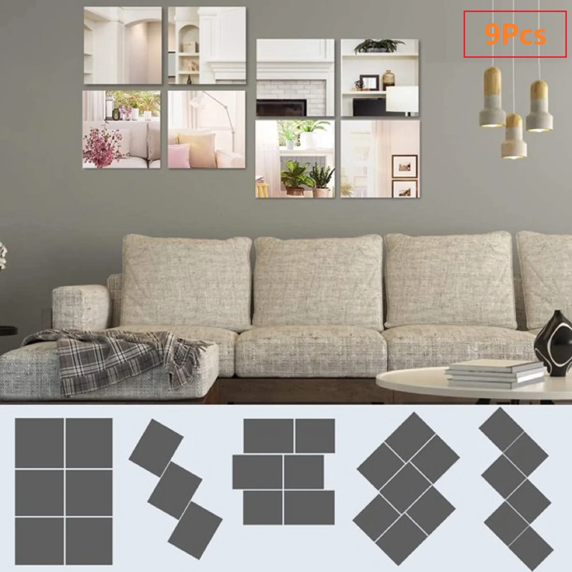 9pcs 15CM Square Mirror Wall Sticker Acrylic Mosaic Tiles Sticker for Bathroom DIY 3D Wall