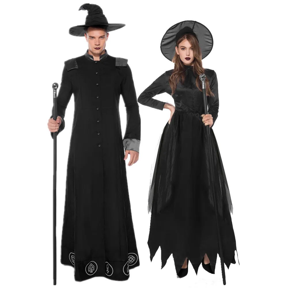 

Adult Witch And Wizard Costume Purim Halloween Carnival Fancy Party Cosplay Couple Black Robe With Hat Set