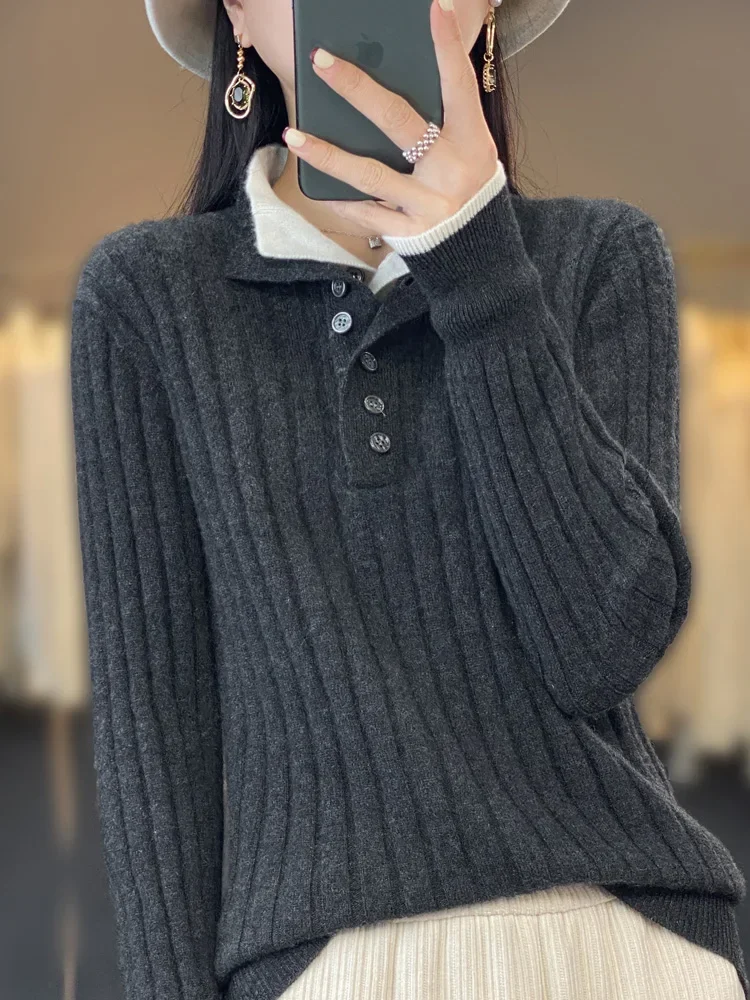 

Autumn Winter New Women Casual Turn-down Collar Pullover Sweater 100% Wool Thickened Warm Cashmere Female Knitwear Top
