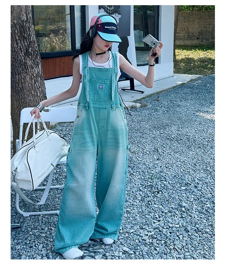 summer teen girls water washed punk wide leg jumpsuit junior kids loose slimming casual Cowboy overalls 4-14 child ropa trousers