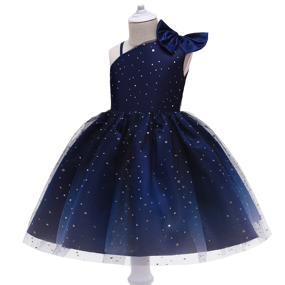 Flauschige Stern Pailletten schräge Schulter Mädchen Kleid elegante Prinzessin Party Hochzeit Brautjungfer Kleid Geburtstag Mädchen Kleidung Sommer Kleid – Detail 6
