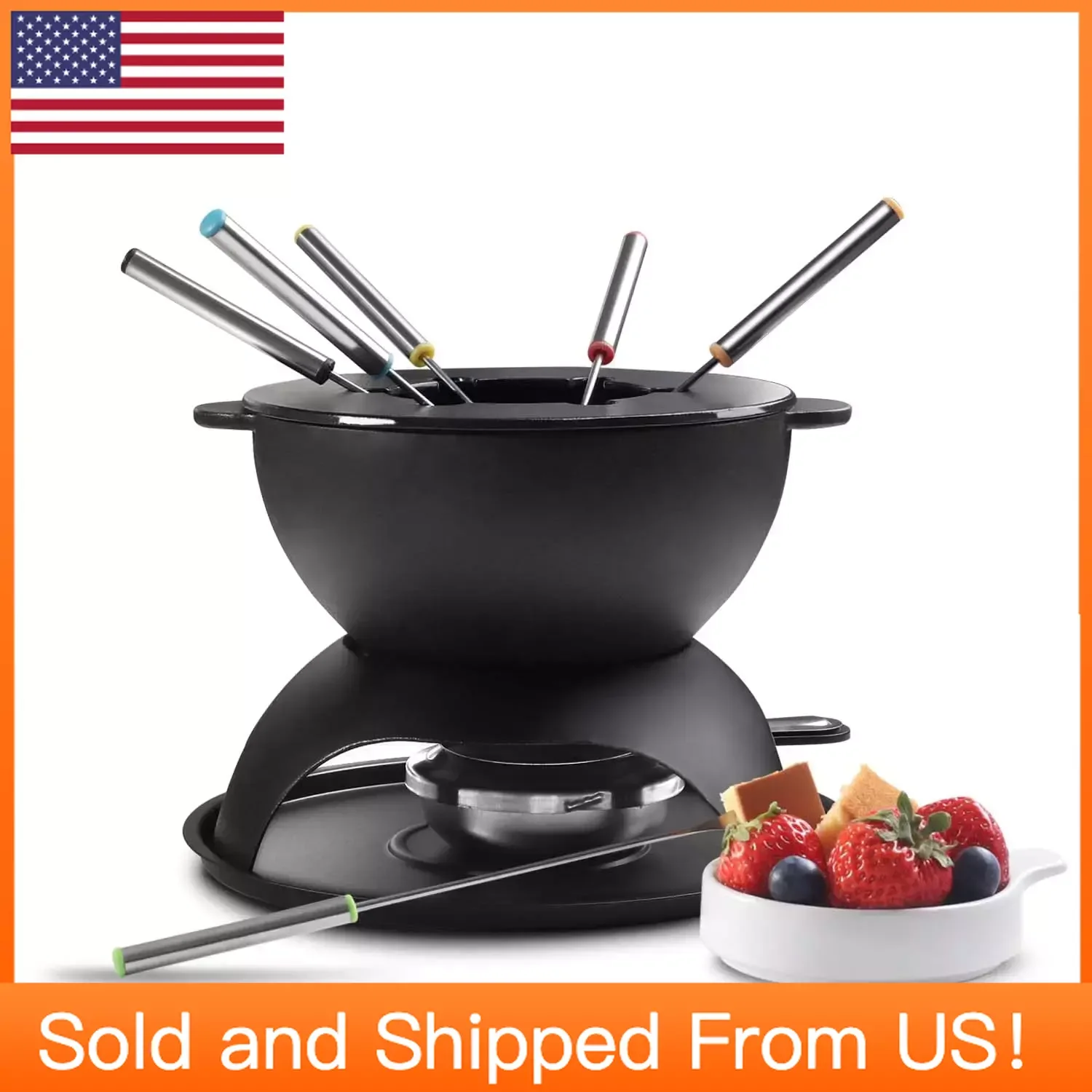 

5-Cup Cast Iron Fondue Set - Chocolate, Cheese Fondue Pot with 6 Colored Forks, Fondue Party, 4-6 Person, Black