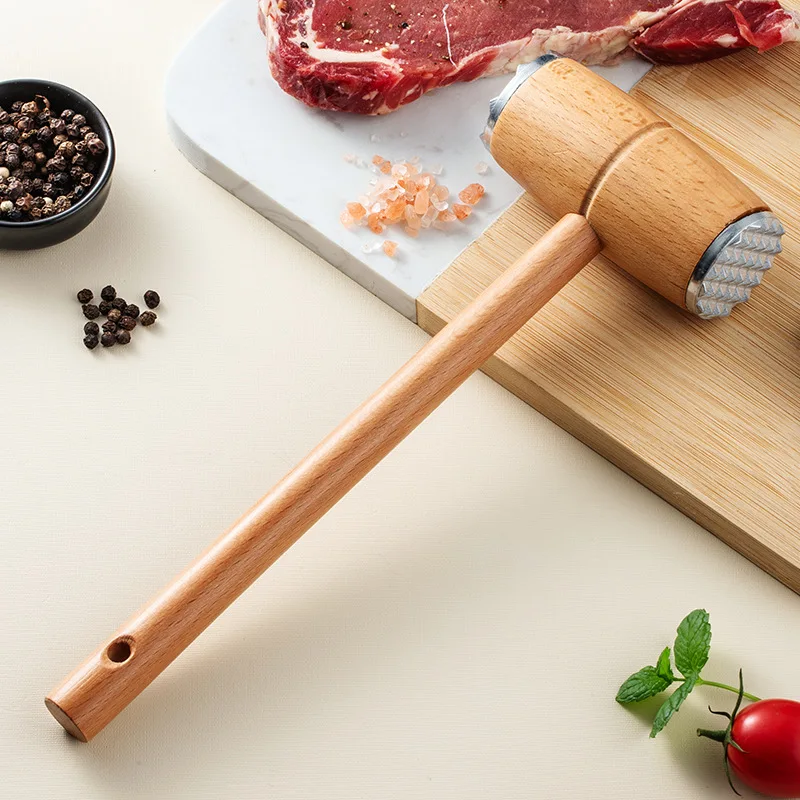 Double Sided Metal Meat Hammer with Wooden Handle Tender Meat Nuts Cucumber Multifunctional Cooking Pickled Hammer Kitchen Tools