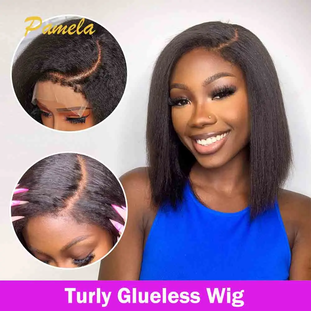 300% Density Short Bob Kinky Straight 9x6 Lace Closure Wig 4x4 Lace Closure Glueless Pre Plucked Human Hair Wig Ready to Wear