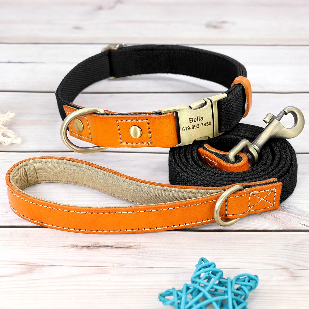 Dog Collar Real Leather Nylon Dog Collars and leash Set Durable Adjustable ID Collars for Small Medium Large Dogs - PeticaDeals