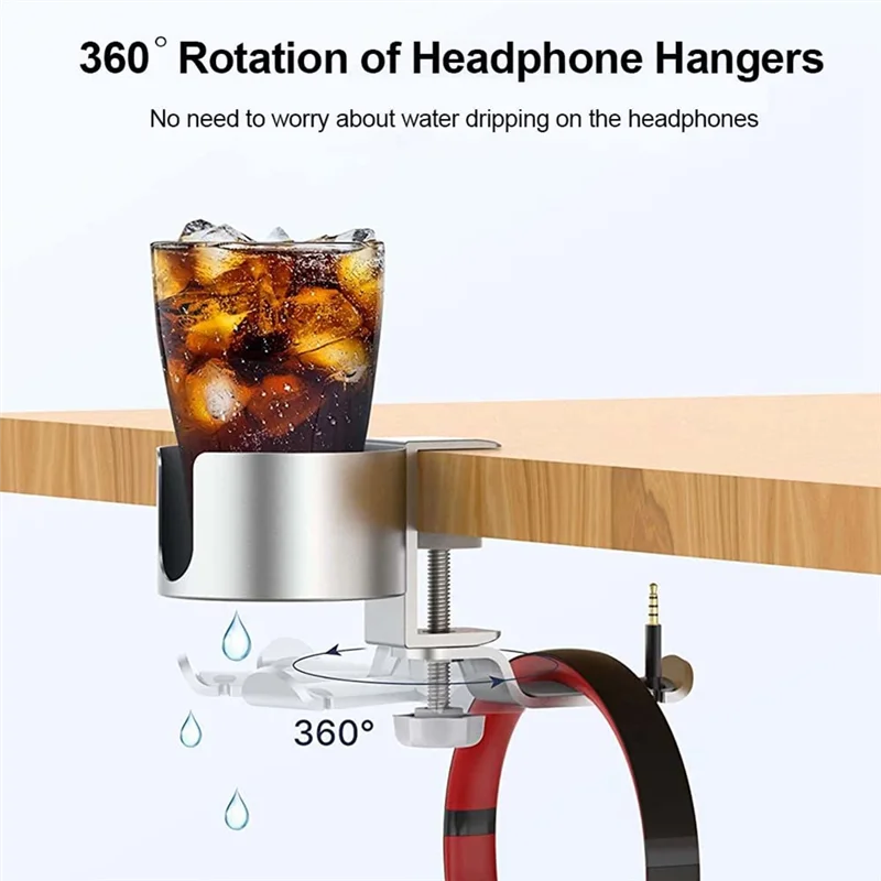 Desk Cup Holder Anti-Spill Cup Holder With Headphone Hanger For Desk Or Table Silver