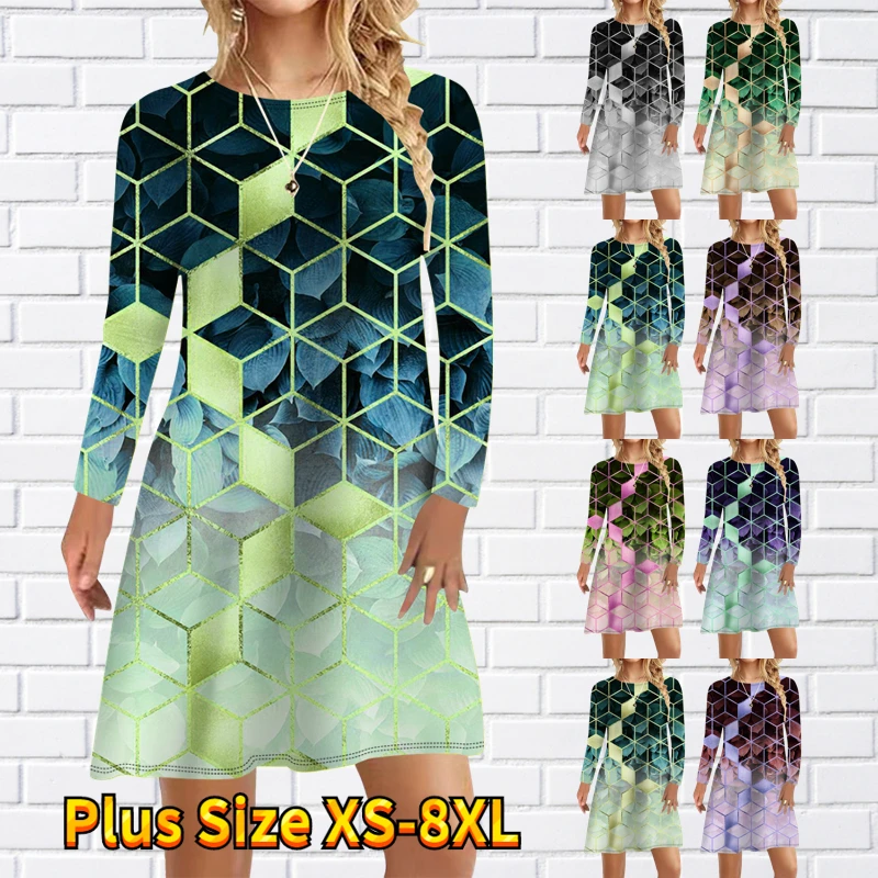 

2022 New Women Round Neck New Design Printing Midi Skirt Autumn Winter Simple Style Dress Long Sleeve Skirt Vintage Party Skirt