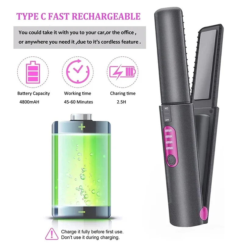 2-IN-1 Cordless Electric Heating Hair Straightener Rechargeable Travel Double Use Straight Hair Straightener And Curling Iron